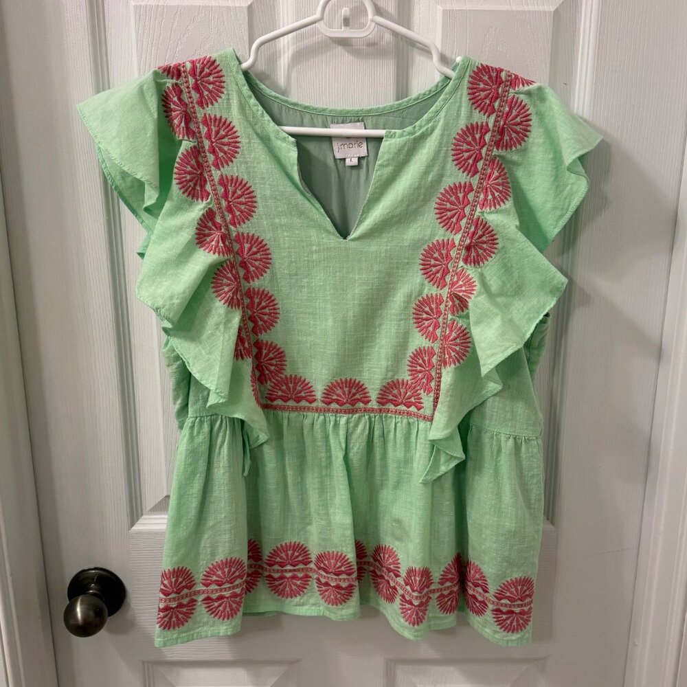 J. Marie Green Peasant Top Ruffle Flutter Sleeve Size L Boho Preppy Resort Wear